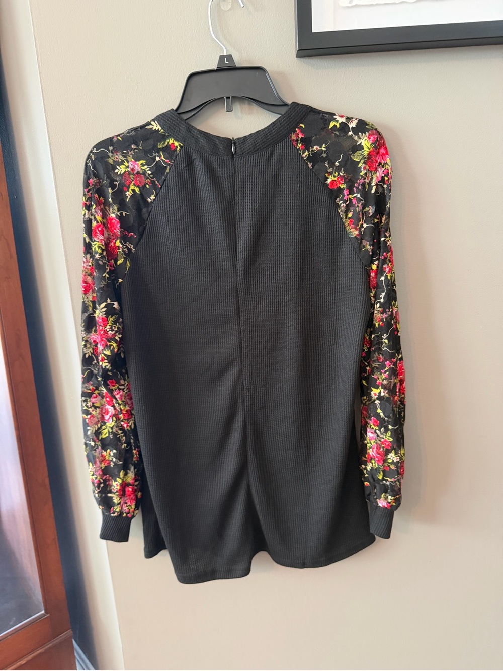 NWT Black Long-Sleeve Top with Sheer Floral Print Sleeves. Medium - Picture 2 of 7